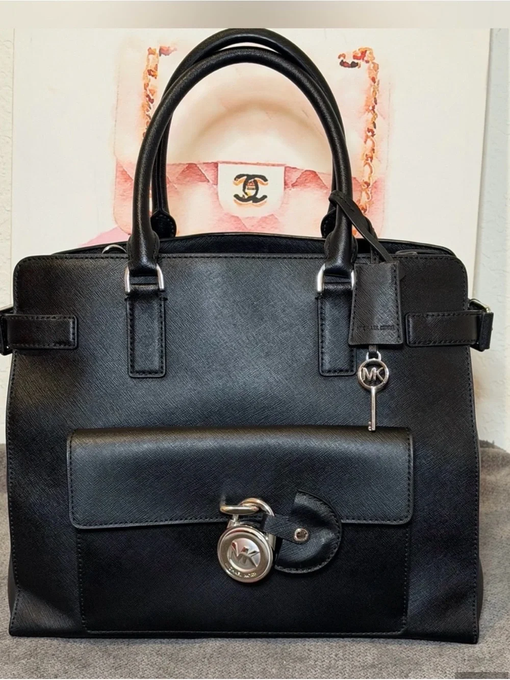 Michael Kors Black Saffiano Satchel with MK Charm